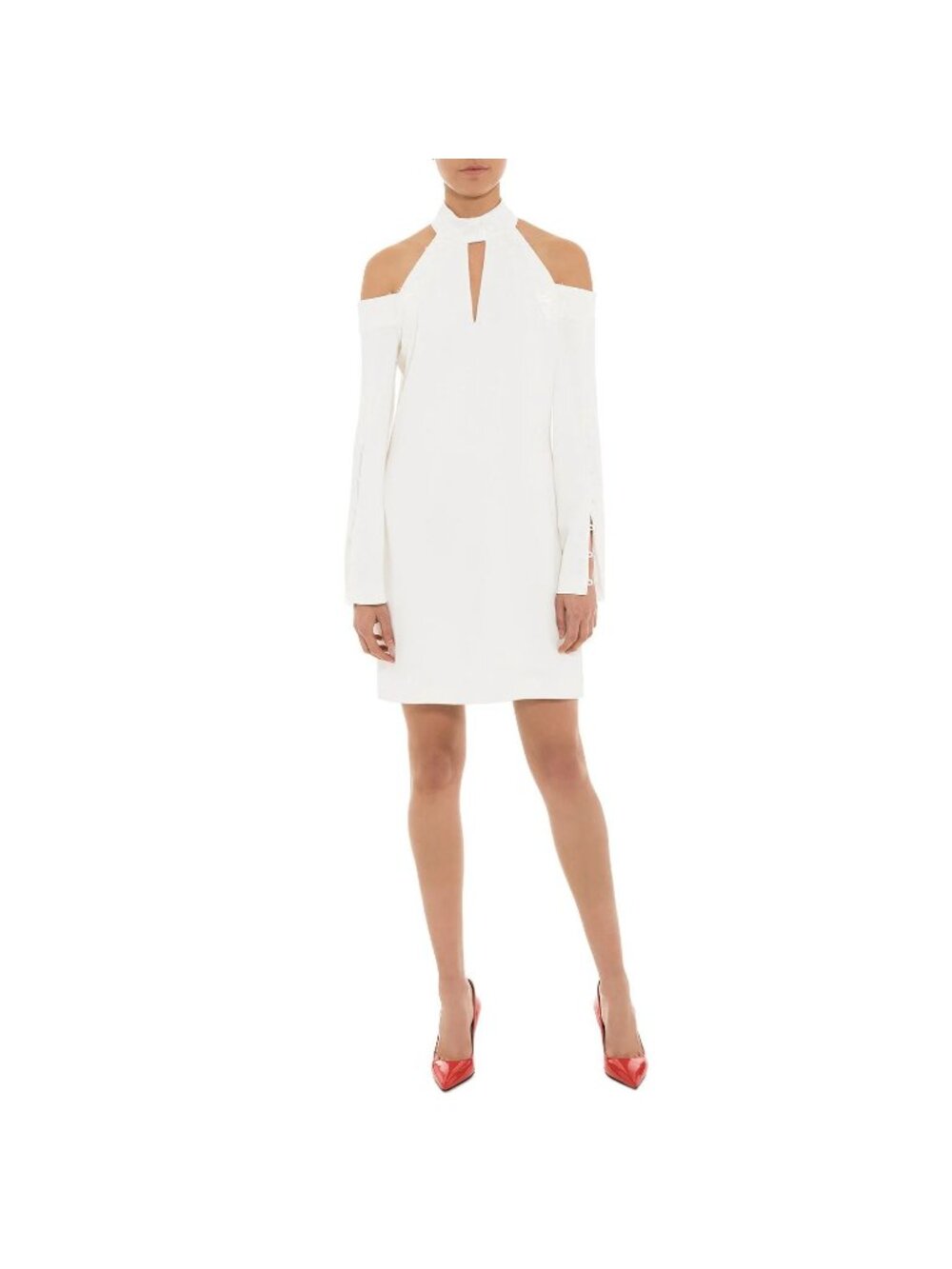 Chelsea & Walker Montego White Cold Shoulder Lace Trim Long Sleeve Dress 10 NWT